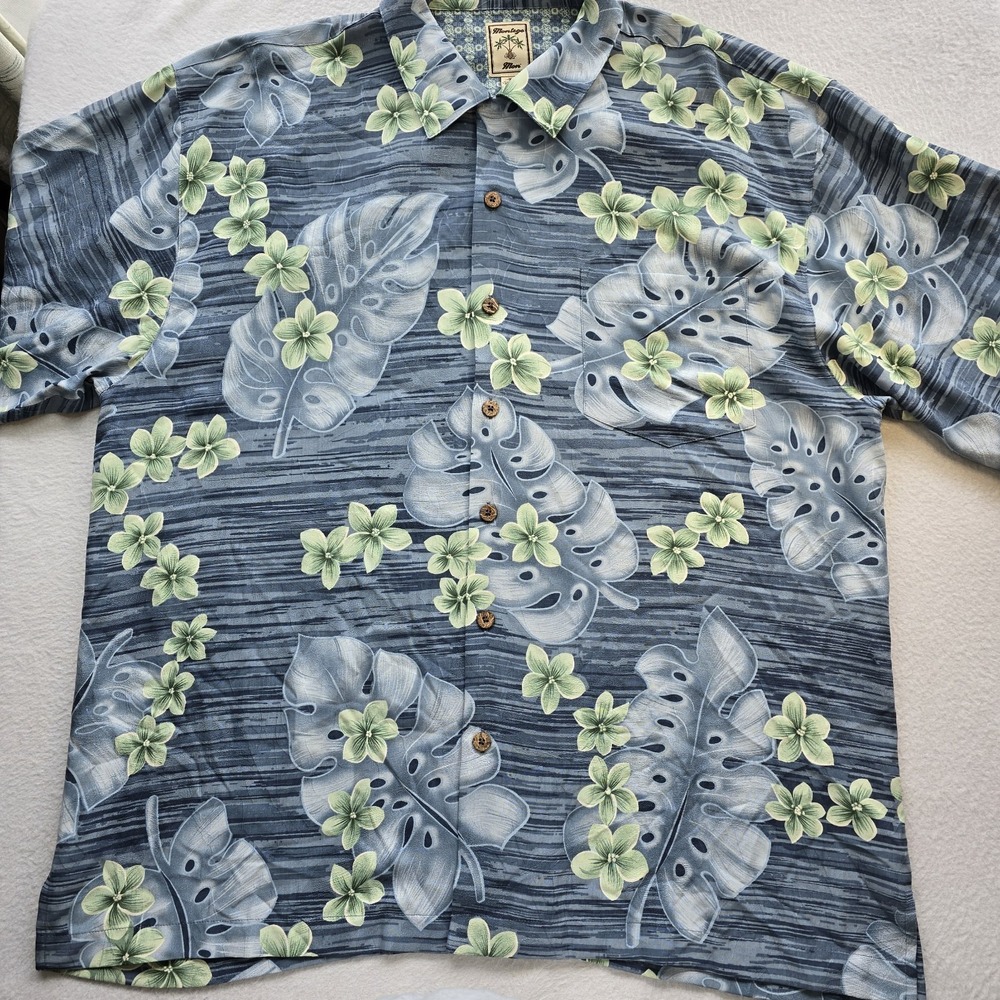Montego Mon Hawaiian Shirt XL Blue 100% Silk Tropical Monstera Palm Camp Top EUC - Picture 2 of 9